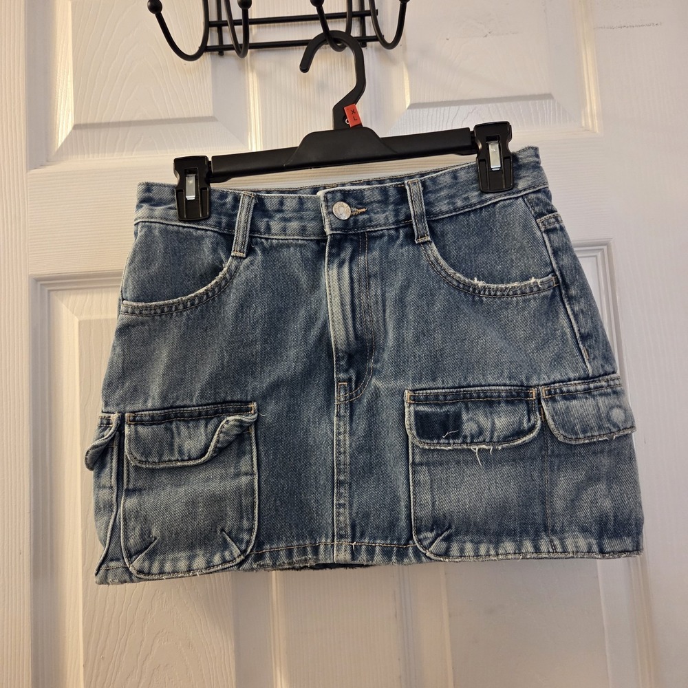 Zara sz XS Denim Cargo Mini Skirt Blue Jean utility pockets Y2K 100% cotton